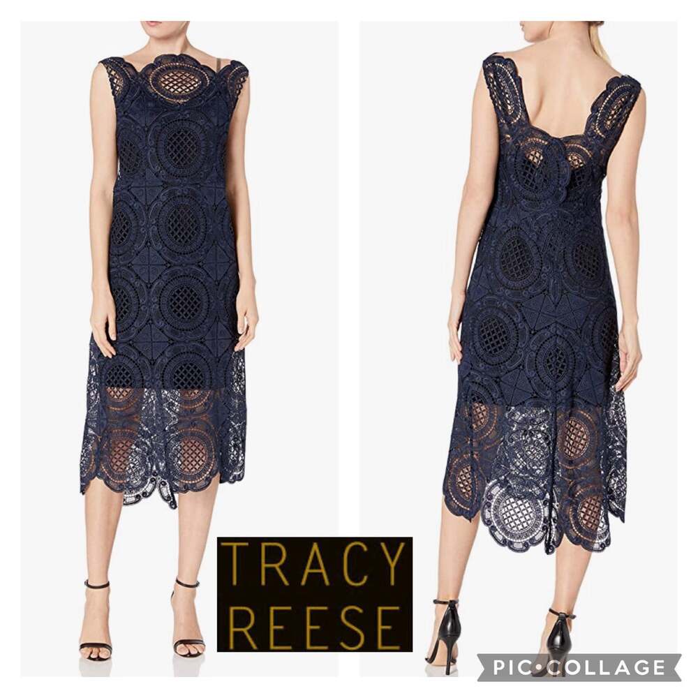 Tracy Reese Navy Surplice sleevless scalloped Lace Embroidered Dress size 4